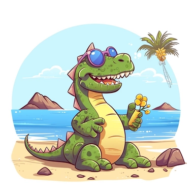 a foolish and cute dinosaur having fun at the beach , clipart style, white bg