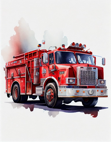 detailed watercolor clipart of a firetruck, long shot, wide angle, side view, isolated on a white background
