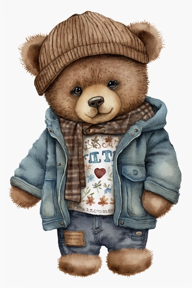 Cute Watercolor Teddy bear boy clipart, wearing clothes, white background
