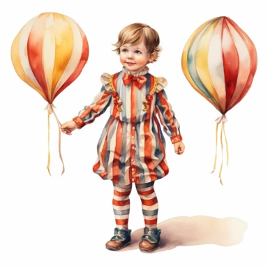 a young boy wearing circus dress, high details pattern, clipart, 2000 style, full body standing, watercolor white background
