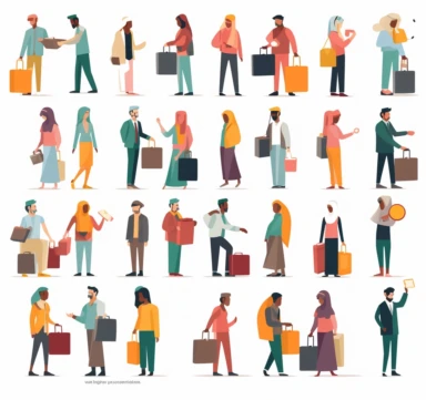 Refugees getting access to jobs, clipart collection, white background, uhd image, #myportfolio, flat figures