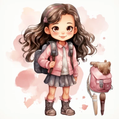 Back to school Watercolor Clipart, A cute happy school girl with backpack, full body, pink themed , single object, highly detailed, hand drawn watercolor illustration ,png transparent background, white background for removing background - - no text shadow font watermark