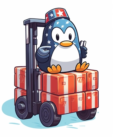 Showcasing a cartoon penguin as a forklift operator, with the design featuring patriotic elements and colors reminiscent of the United States flag. The overall design can appear polished and poignant, with the penguin proudly operating the forklift, that can be used as a sticker, colorful, highly detailed, with a white background, in the style of Pixar clipart, and no cut off edges.