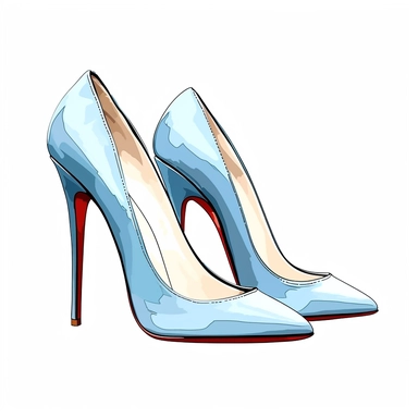 300dpi vector clipart of a pair of light blue and white christian louboutin heels with white background.. isolated images.. no shadows, images drawn with thick black lines images 300dpi vector clipart