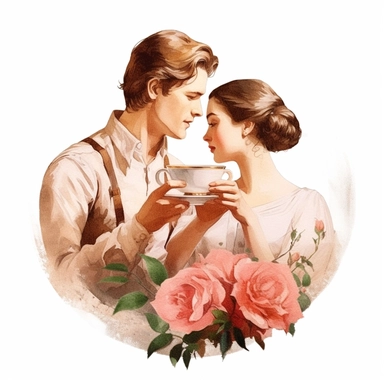 beauty couple drinking coffee, vintage cups, flower digital clipart on white background
