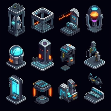 isometric, spritesheet, game assets, futuristic elevator sprites, isometric perspective, game sprite, sci-fi, cute, fun, creative, cartoon, clipart, hyper-detailed, black background