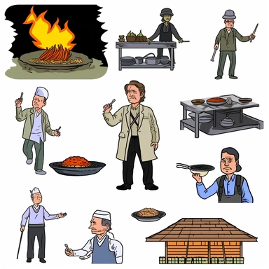 a set of black line clipart inspired by Raiders of the Lost Ark and travel and food and colonialism and David Chang and stolen cultural relics and cooking and grilling and eating and global cuisine and 1980s action figures