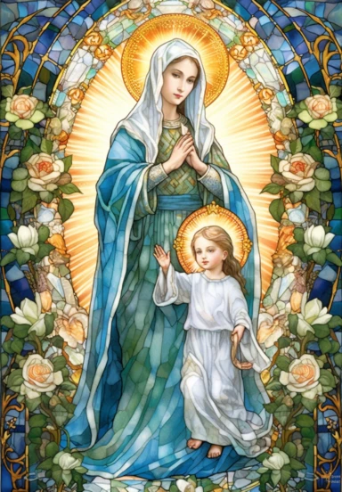 A sharp photograph of an expensive portrait, pay particular attention to the shape of your hands, less watercolor stained glass Madonna and child with matching crowns full body clipart, the Madonna is wearing a medium aquamarine blue mantle with bright white stars on it and the child is wearing a bright white robe, behind them is shimmering bright light, around many blue roses, highly detailed, white background, in the style of Catholic religious art, artist Andrea Lezcano, Vincent Van Gogh, in 