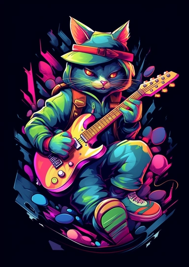Stylized 3D vector graphic illustration of a Tshirt features 3D Design, clipart concept, An anthropomorphic humanoid, A Rainbow Pantone Kittens Male character with the ability to control and morph from energy IN Swoon graffiti artwork and graffiti design, Playing the GUITAR, Wearing clothes Hiphop STYLE, Contour Drawing with Fine Line Artwork, Macro Detailed, Focused on the character, Clear visuals, Highest Resolution 3D Adobe Illustrator file Eps format, Style of photo-realistic techniques, 3D 