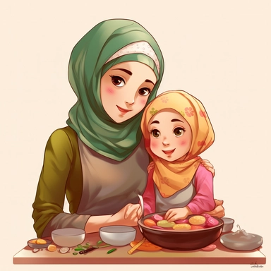As a woman wearing hijab 28 - year - old making dinner, little kid six - year - old beside the woman, cartoon character, art, image clipart, high definition drawing, clean colors, balanced colors