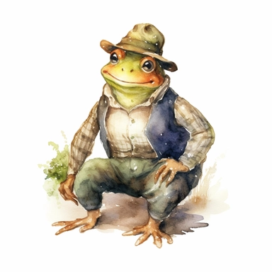 watercolor fairytale frog clipart, dressed as a farmer, where the intricate details and farm-inspired attire capture the essence of rural life, inviting imaginative tales and creative exploration, 8k, fantasy style, white background