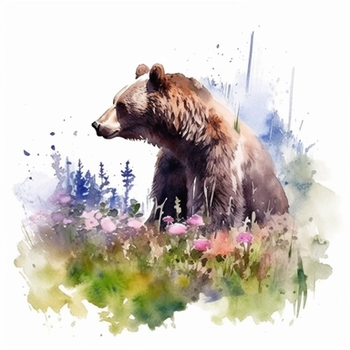 detailed watercolor clipart, photography style, beautiful bear, in a meadow, HDR, spring floral,self shadow, white background