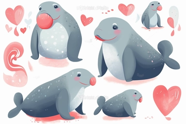 Cute Manatee in valentine Day clipart, cartoon, white background,