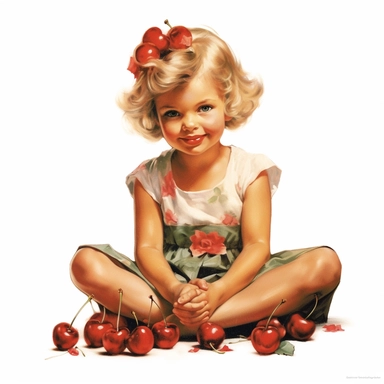 adorable little vintage girl sitting on a big bunch of glossy ripe cherries, face looking straight, full body, clipart style, accurate details, oil painting technique, super high quality, professional watercolor clipart, high resolution