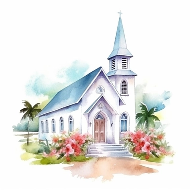 wedding venue, church, adorned with floral arrangements, watercolor clipart, realistic, bright colors, minimalist, isolated white background, 8k