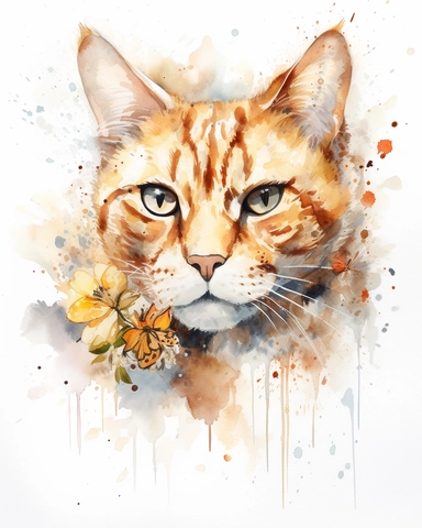 Watercolor Painting of ginger cat head on white background good anatomy, DETAILED ILLUSTRATION, Flora Design Patterns, Flemish Baroque by Rachel Ruysch, Behance, Rococo, Intricate Detailed, Soft Light Effect, Oil Paint Strokes, Light Academia Aesthetic Flowers, Lighting cinematic, all shown shimmering stamens, tyndall light, texture, colorful, 8k, fantasy, ray tracing, vivid, spectacular lighting, octane rendering, highly detailed, ultra - realistic, white background, clipart