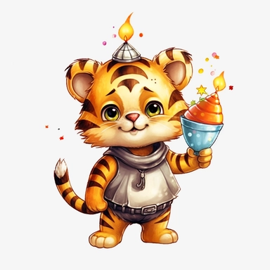 cute Tiger character wearing birthday clothes and birthday element with happy face,front facing on isolated background,with happy face and expression,Animal Sublimation Clipart,no splash watercolor,white background, ultra detailed clipart, cut out image, colorful watercolor realistic, cartoon style, ultra HD, sharp and clean art