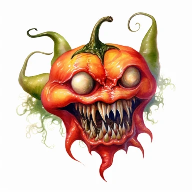 a fearsome monster resembling a spicy jalapeno pepper with fiery eyes and a twisted stem-like nose, scary looking, photorealistic, hyperealistic, watercolor, white background, clipart, ultra high detail, ultrarealistic