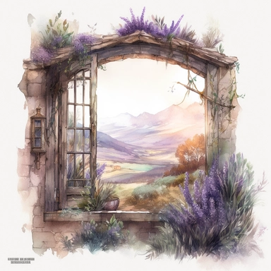 watercolor mixed media fantasy art, a window from inside the rustic house, the window shows the landscape from the garden with lavender and a road going into the mountains, moss and a lot of lavender, masterpiece by Ivan Fedorovich Choultse style and by Jean-Baptiste Monge style and by Hans Zatzka style, Baroque Architecture, PNG clipart, isolated on white, extreme photorealistic details, 32k HD resolution, realistic high detailization high resolution