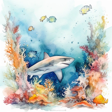 Create a vibrant watercolor clipart illustration on a white background. The artwork should portray a playful scene of a baby shark frolicking amidst vibrant corals and gracefully swaying seaweed. Ensure that the baby shark is the focal point, capturing its innocent charm and animated movements. Leave a generous amount of white empty space around the image frame, allowing the composition to breathe and the artwork to shine.