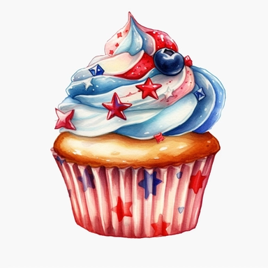 4th of July Patriotic Clip art of 4th of july patriotic cupcake, red, white & blue Full body realistic cartoon in 32K UHD cute, 8k with realistic watercolors and detailed illustrations. PNG clipart, Sublimation graphics, transparent white background for removing background - - no text shadow font watermark