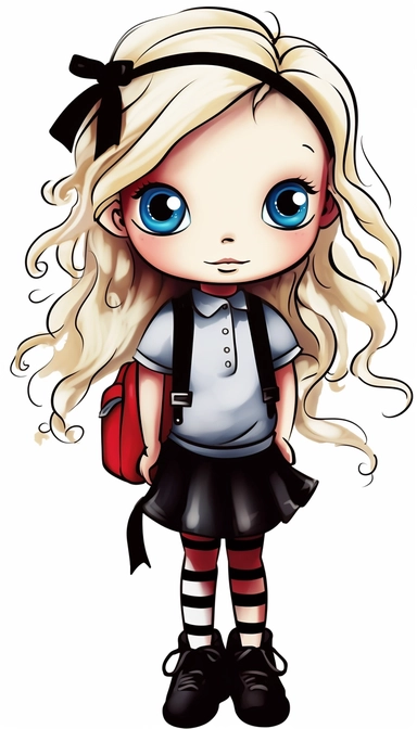 a little girl doll style, drawing with thin black contour lines, sneaker, ribbons, blond hair, cartoon character, clipart, big eyes, disney, sarah kay,