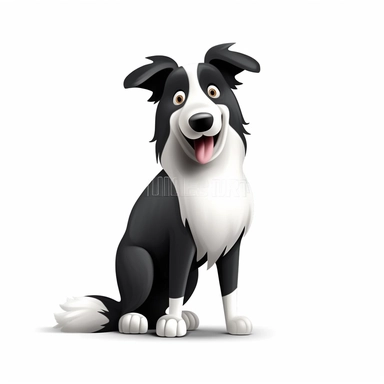 oilpainting, 2d icon of a super cute cartoon smiling black and white boardercollie standing proud clipart full body, 3d rendering, white background, clean