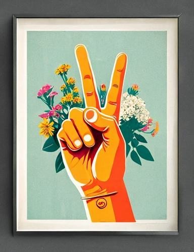 a hand showing a peace sign, framed with flowers, 70s inspired flat color clip art, retro,