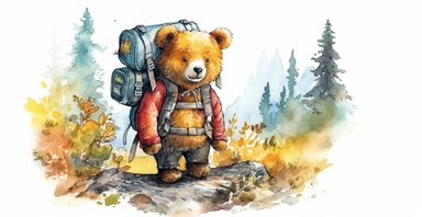 Adorable teddy bear on adventure, camping gear, forest, clipart, vivid colours, ornamental watercolor, white background, I can’t believe how beautiful this is