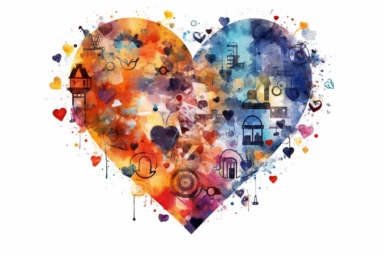 Watercolor, Create a heart shape using intertwined technology icons or symbols clipart, hd, on a white background, spaced out