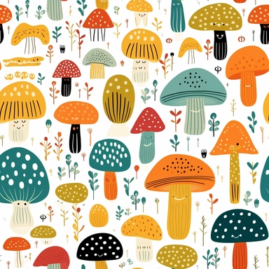 on white background, clipart image of playful and whimsical mushroom characters with exaggerated features and vibrant colors, moss green and gold in illustrator flat color
