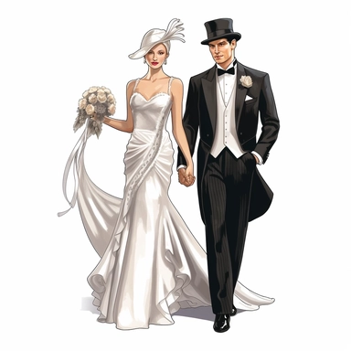 Bride and groom full body, fancy bride dress, high level of detail, vector clipart, white background