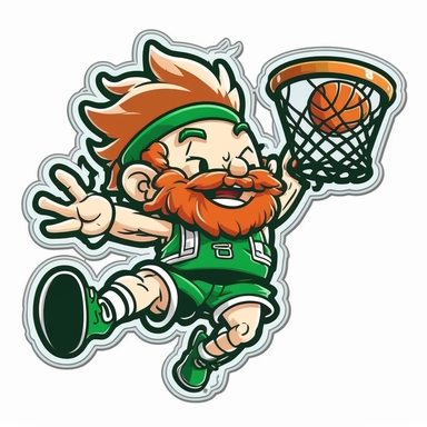 sticker, Happy leprechaun dunking basketball, cute clipart cartoon style, contour, vector, white background