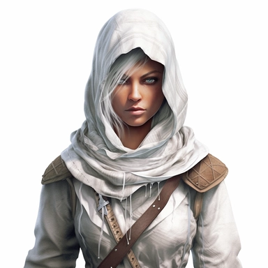 beautiful stunning pretty young woman as assassin creed character, different skin colour and different hair color paint art style, clipart, white background, superrealistic, one of a kind
