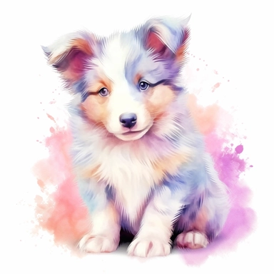 A watercolor painting clipart of a cute baby border collie, rendered in delicate rainbow pastel watercolor tones