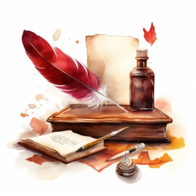 watercolor, hyper realistic, white background, white margins, 16k, ultra detailed clipart, cut out image, hand-drawn, whimsical a vintage letter and envelope with a wax seal and a feather pen lying on a wooden writing desk with a blotting pad, with a color scheme of warm brown and deep red.