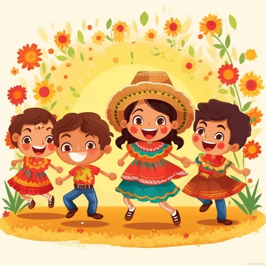 kids dancing mexican regional, cartoon style, brazilian junina party, clipart