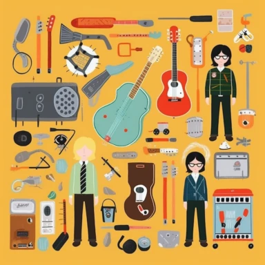 a set of clipart inspired by fledging American rock band at a Swiss boarding school as conceived by Wes Anderson and rich kids at an exclusive school playing rock music