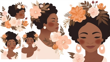 animated clipart bundle african american mother concepts, clipart bundle with beautiful flowers, beautiful faces, beautiful eyes and differential body types and skin tones, harlem Renaissance, Mother's Day White background