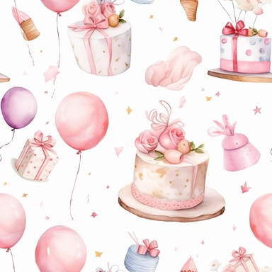 A cute collection on white with margins of birthday icon birthday cake, balloons, hearts, flowers, presents, watercolor, vector, clipart, elaborate, ultra - detailed, soft colors, rose gold and pink high definition, UHD