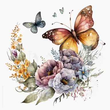beautiful butterfly with flowers watercolor clipart illustration, transparent background