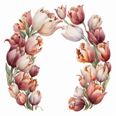 rounded horseshoe arch of tulips. clipart. watercolor. dusty pink/red/whitepastel tones. white background