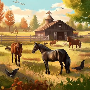 farm scene ponies, horses, clipart