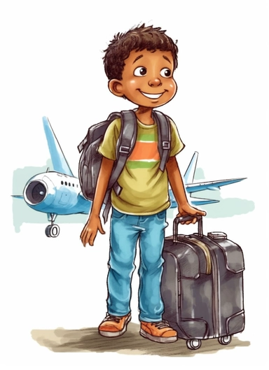 little mixed boy clipart explorer clipper clipart boy explorer, at the airport terminal looking at the airplanes through the window, in the style of modern day casual dress style for babies, use of a map of the world, a passport and luggage, lightbox, soggy, pattachitra, associated press photo, primitive structures
