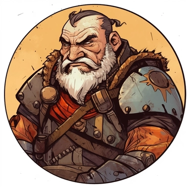 A Dungeons & Dragons character portrait circular tondo depicting a grizzled dwarven dwarf Indiana Jones, Craig Mullins Ashley Wood Bernard Buffet Josh Kirby, Mad Max Lord of the Rings Discworld, handpainted punk zine indie retrowave, clipart illustration, circular solid background circular border