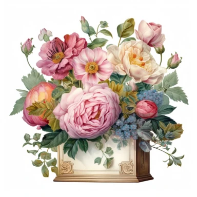 very beautiful Box Flower Planter, white background, clipart with pastel color, detailed and lovely Renaissance painting