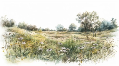realistic burnished watercolored pencil meadow scene clipart, detailed, on white background, spaced out