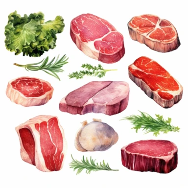 meat, pork, beef, tenderloin, sirloin, veal, turkey, white background, clipart, Object, vector collection, watercolor