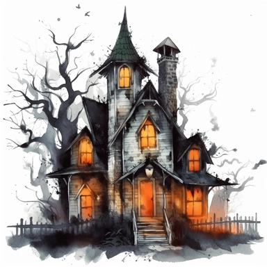 watercolor style, spooky halloween haunted house clipart, haunted house decorated in creepy Halloween style decor, whimsical Halloween witch house, isolated on white background, 4K, dark, night scene, green and orange color scheme