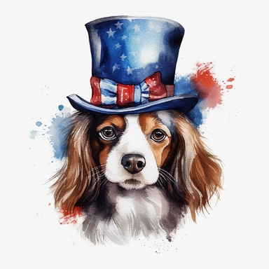 dog with top hat painted in american flag, amazing watercolor clipart, blue, white, red, ultra realistic, hd, independents day, patriotic usa